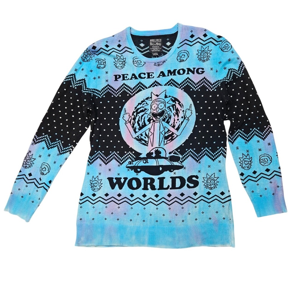 BoxLunch Rick and Morty Peace Among Worlds Tie Dye Fair Isle Sweater Large